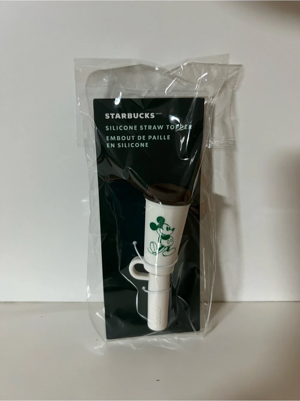 Starbucks White Silicone Straw Topper with Green Mickey Graphic